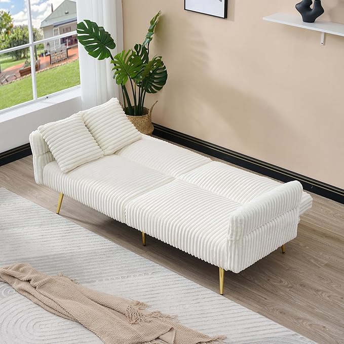 79'' White Futon Sofa Bed Corduroy Upholstered Folding Loveseat Couch with Adjustable Backrest and ArmrestsSleeper Sofa with Gold Metal Legs for Small Space Living Room (White)