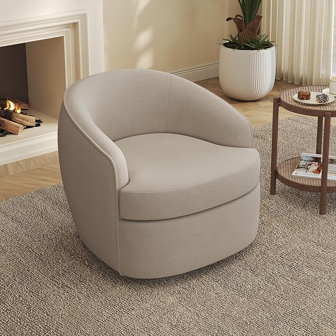 Leyu&ampHafort Modern Beige Swivel Accent Chair with Removable Foam Seat Cushion Linen Upholstered Comfty Sofa for Living Room and Bedroom Reading FSC Certified Solid Wood Base. (Oatmeal)