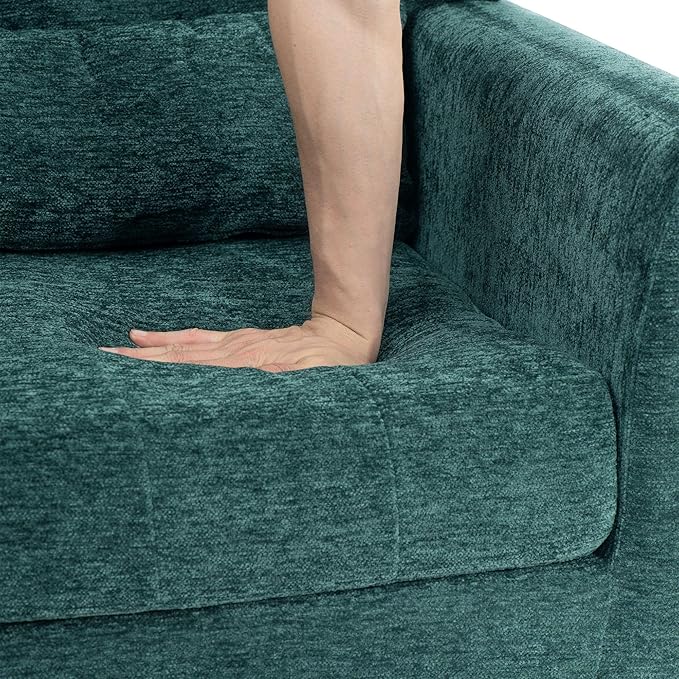 Modern Accent ChairChenille Arm Chairs for Living RoomUpholstered Mordern ArmchairComfy Soft Padded Lounge Chair in Small Space Bedroom w/Pillow Solid Wood Leg (Blackish Green)