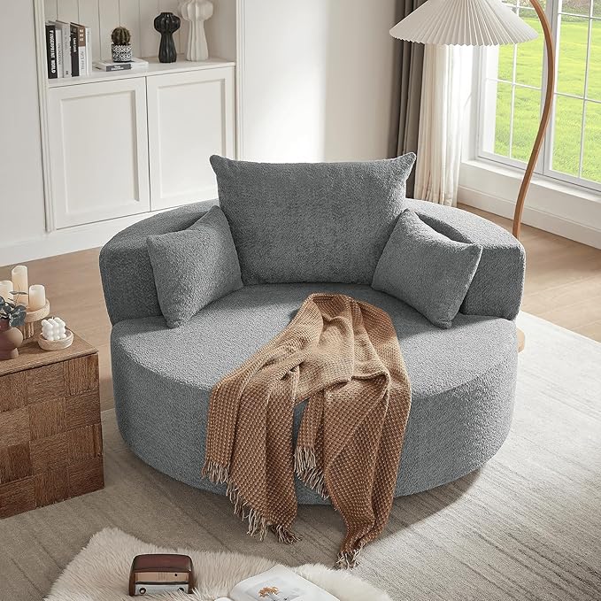 Antetek 360-Degree Swivel Accent Chair Oversized Modern Comfy Chenille Round Swivel Chaise Lounge Sofa Chair with Backrest Cushion &amp 2 Throw Pillows for Living Room Bedroom Office Gray
