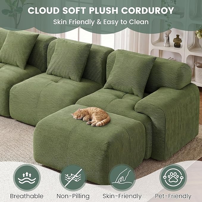 104 Boneless Couch with Ottoman Upholstered Flexible Modular Sectional Sofa Cloud Couch with Deep Seat &amp Pillows for Small Spaces Boneless Couches for Living Room No Assembly Required Green