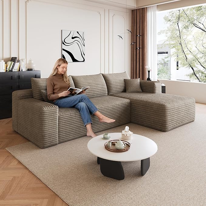 Boneless L-Shaped Modular Couch - 96 Inch Cloud Corduroy Sectional SofaDeep Seating Comfort No Assembly Ideal for Apartments &amp Small Living RoomsCamelRight Facing