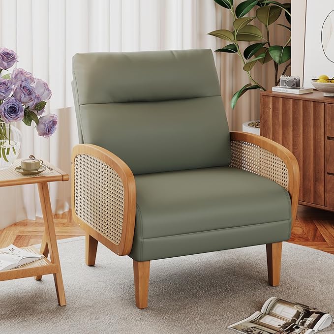 Andeworld Accent Chair Set of 2Upholstered Modern Living Room Chairs with Natural Rattan Arm Faux Leather Arm Chair with Wooden Legs for Bedroom Club Balcony Reception Green
