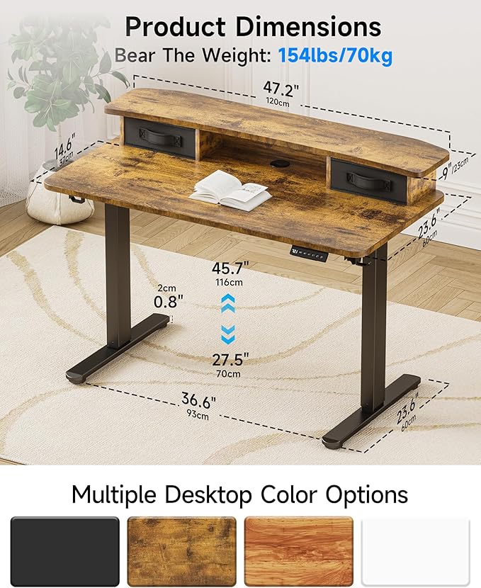 BIZUM Standing Desk with 2 Drawers Computer Desk-Stand up Desk Home Office Gaming Memory Desks C-Clamp Mount Compatible 48x24 Inch Rustic Brown