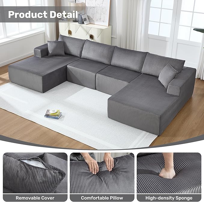 Modular Sectional Sofa146 U-Shaped Boneless Sofa for Living RoomOversized 4-Seater Deep Seat Cloud CouchesCorduroy Upholstered Corner Sofa CouchNo Assembly RequiredDarkgrey