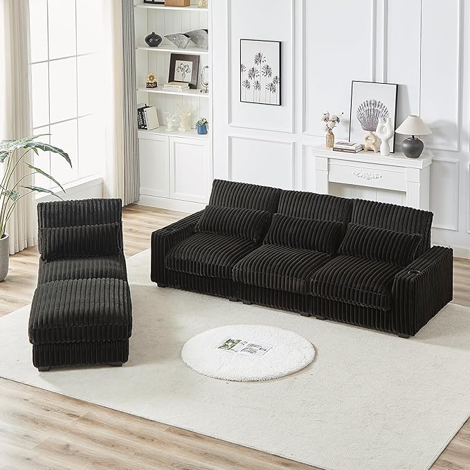 Yoglad 128'' L Shaped Modular Sectional Sofa Cozy Oversized Corduroy Couch with Cup Holders and Charging Port 4-Seater Sofa with Ottoman for Livingroom Apartment Office (Black)
