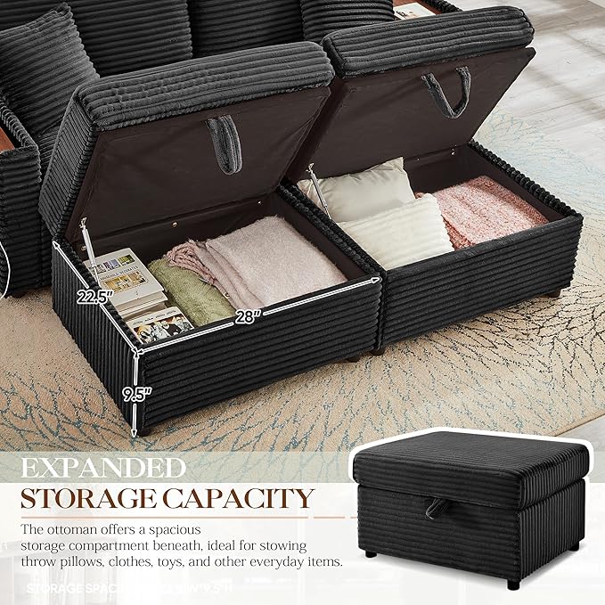 68 Cloud Loveseat with Ottoman Set USB Ports &amp Storage Wooden Side Table Comfy Plush Corduroy Upholstered Love Seat Modern Oversized Deep Seated Grey Sectional for Living Room Black