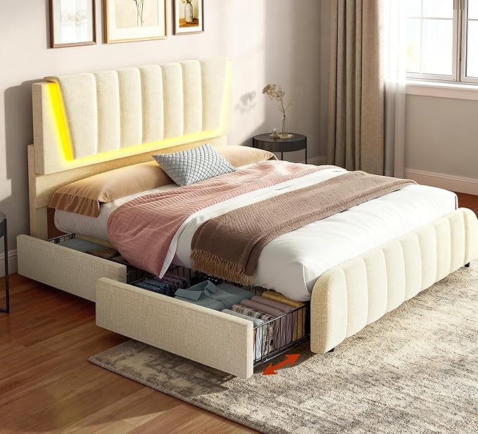 Full Bed Frame with 2 Storage Drawers Modern Linen Bed with Upholstered Headboard Bed Frame with Adjustable Upholstered Headboard &amp LED Lights No Box Spring Needed Beige