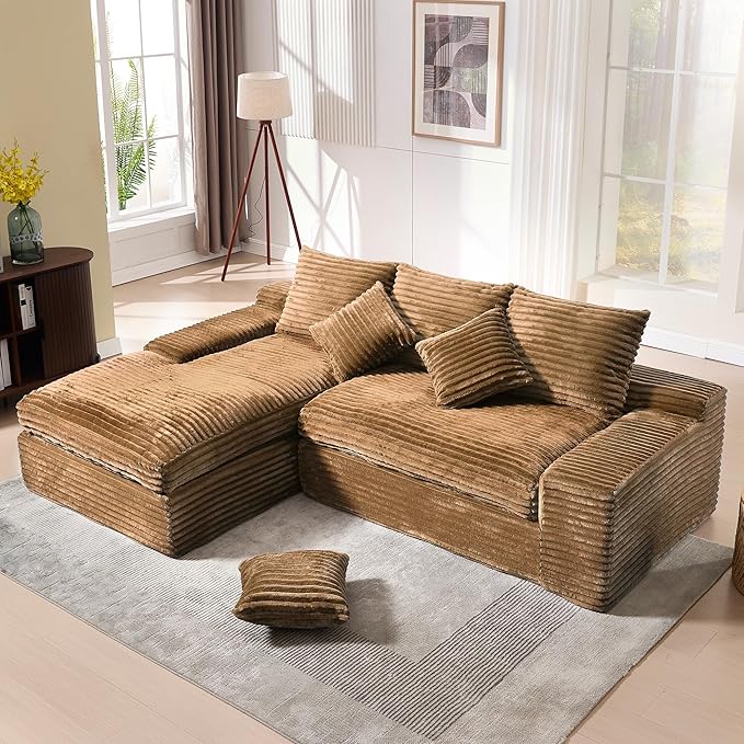 KIVENJAJA 98.8'' Small L-Shaped Sectional Couch with Chaise Fluffy Corduroy Cloud Couches Compression Boneless Sofa for Home Living Room Apartment Office No Assembly Required Brown