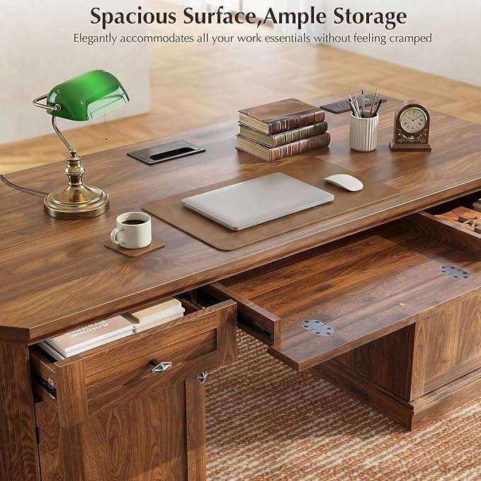 59 Classic Executive Desk with Storage Victorian Executive Desk with Charging Station Keyboard Tray 3 Drawers &amp 2 Cabinet Storage &amp 2 Pedestals Easy Assembly Dark Walnut