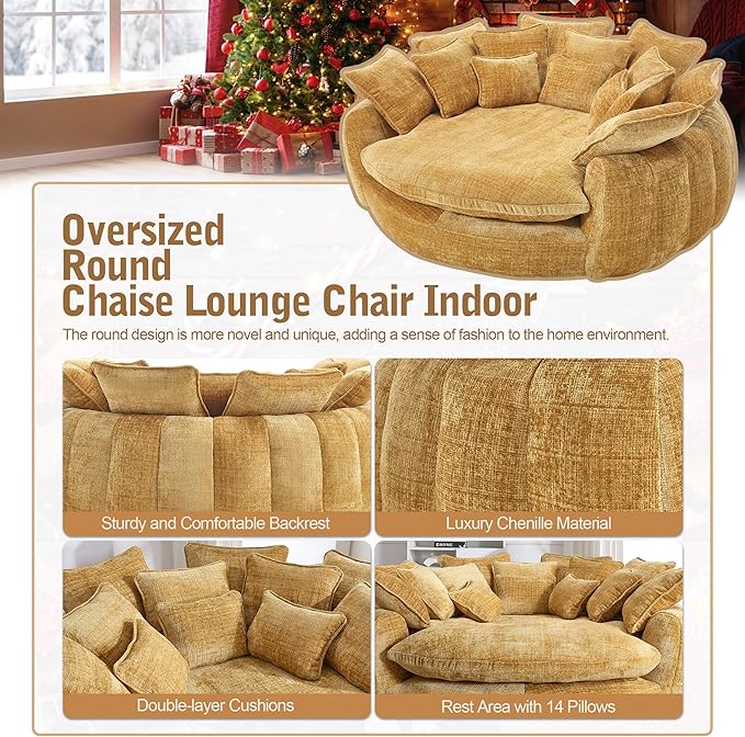 81 Oversized Boneless Round Chaise Lounge Bean Bag Chair Comfy Chenille Reading Chair Fluffy Plush Sofa Bed Large Deep Seat Circle Cloud Couch for Living Room/Apartment/Bedroom Yellow