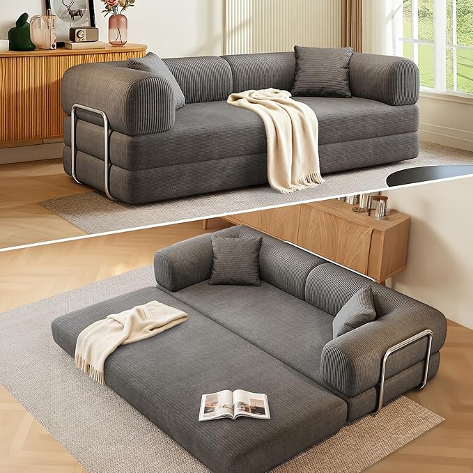 78.5'' Convertible Folding Sofa Bed – 4-in-1 Modular Floor Couch Corduroy Small Cloud Couch Compressed Foldable Sleeper Sofa King Size Futon for Bedroom Guest Room (Grey (Dark))