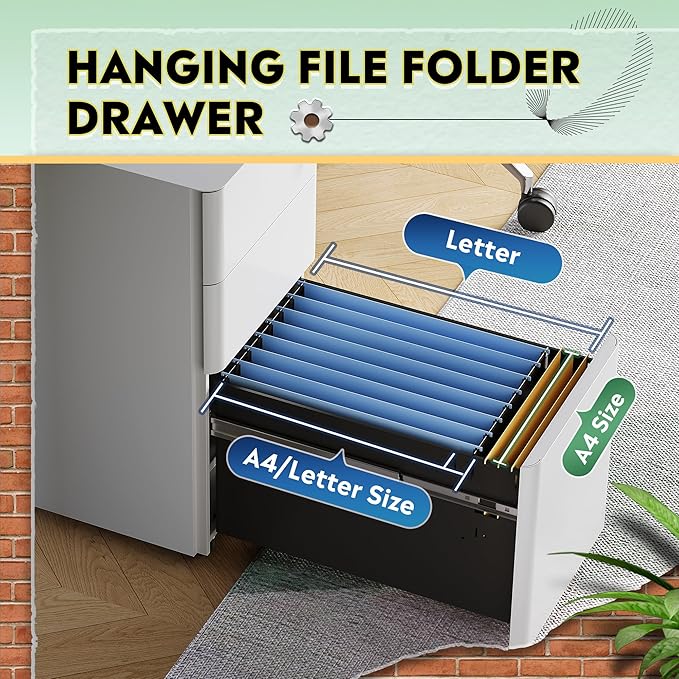 DEVAISE 3 Drawer File Cabinet Slim Metal Filing Cabinet with Lock Under Desk Storage Cabinet for Letters/Legal/A4 Fully Assembled Except Casters - White