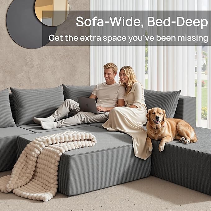 YINIX 140 Modular Sectional Sofa Couches Corduroy Sleeper Deep Seat Sofa Bed Comfy Cloud Couch for Living Room Floor Sofa 6 Piece Free Combination Compression Sofa No Assembly Required Grey
