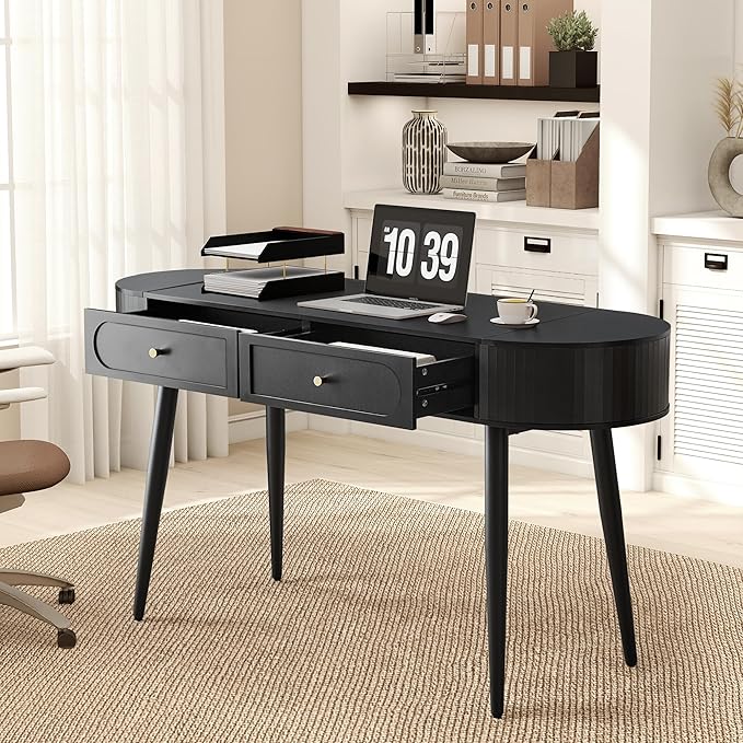 Practical 59 Wood Writing Desk Home Office Laptop Desk with 2 Flip Hide Storage + 2 Drawer MCM Elegant Fluted Multifunctional Study Desk for Apartment Bedroom (Black)