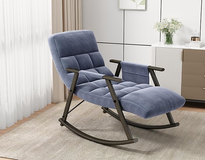 Folding Upholstered Rocking Chair Casual Lounge Chair with Adjustable High Back and Footrest Side Pockets Suitable for Living Room Bedroom or Balcony.