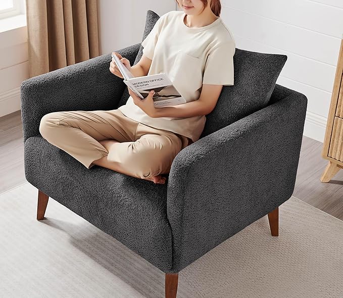 Oversized Accent Chair Modern Boucle Armchair for Living Room- 37 Wide Accent Chair with Solid Wood Legs Dark Gray Upholstered Lounge Chair for Bedroom &amp Office Cozy Reading Chair (Easy Assembl