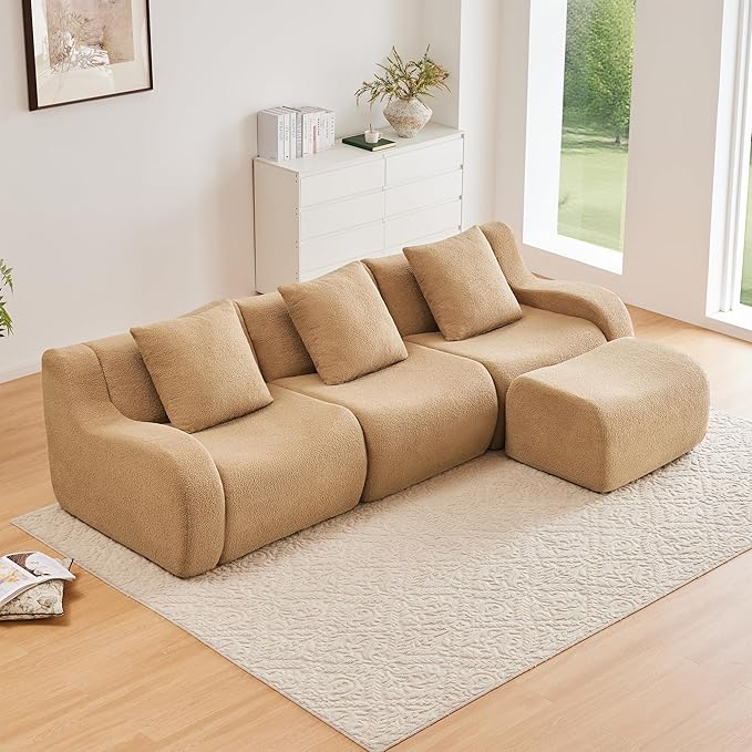 115.3'' Modular Sectional Sofa Boneless Couch L Shaped Sectional Couches for Living Room with Deep Seat and Ottoman Oversized 3-Seater Teddy Cloud Couch Sofa Set No Assembly Required Camel