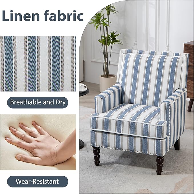 Accent Chair Modern Comfy Mid-Century Accent ChairsLinen Upholstered Lounge Arm Chair with Solid Wood Reading Side Padded Single Sofa for Living Room/Office/Balcony/Bedroom-Blue Stripe