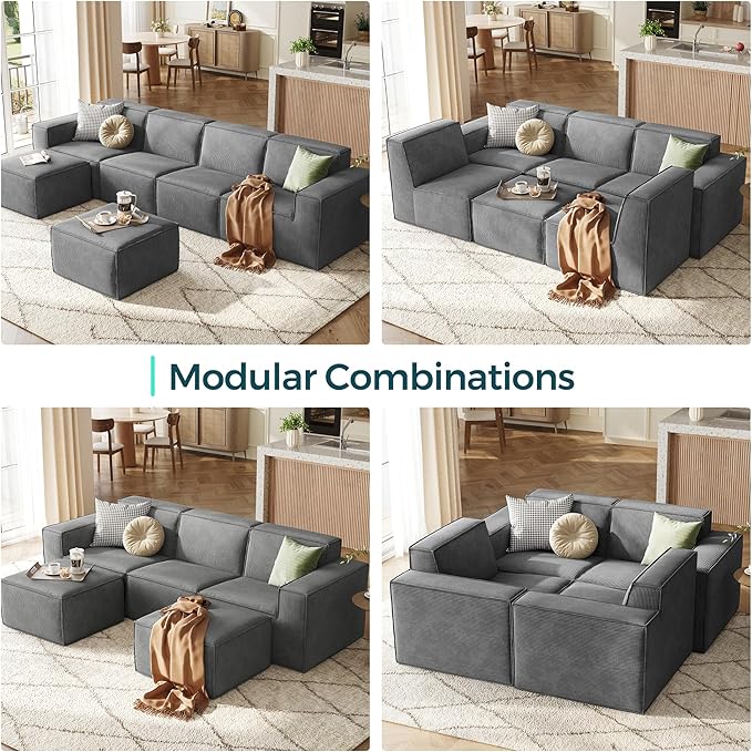 LINSY HOME Modular Sectional Sofa 134 Boneless Couch L Shaped 4-Seat Sofa with Movable Ottoman Corduroy Sectional Cloud Couches for Living Room No Assembly Required Bluish Grey