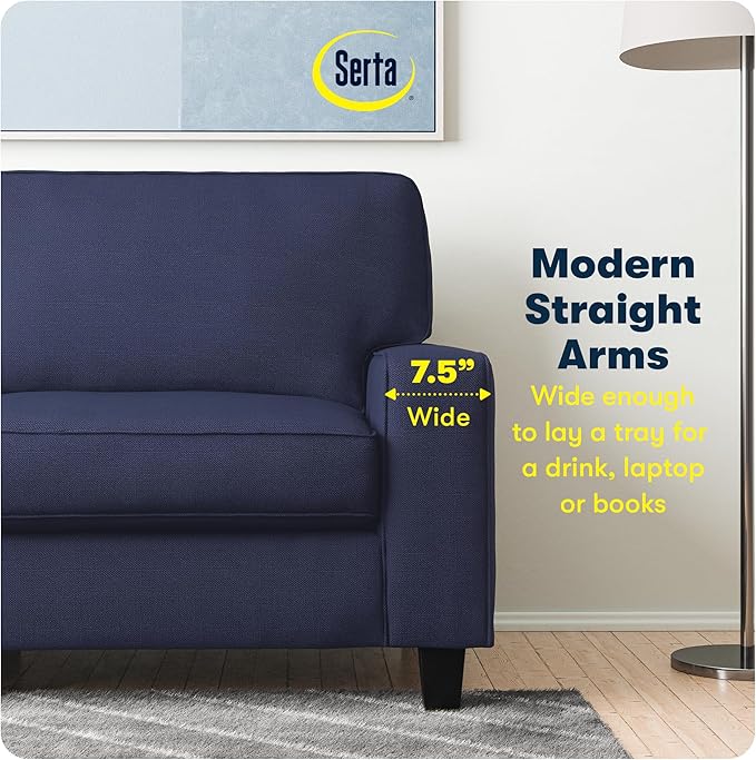Serta Palisades 61 Track Arm Sofa Easy Care Polyester Soft Pillow Back Pocket Coil Seat Cushions Removable Covers Loveseat or Couch for Small Spaces Living Rooms or Bedrooms Navy Blue