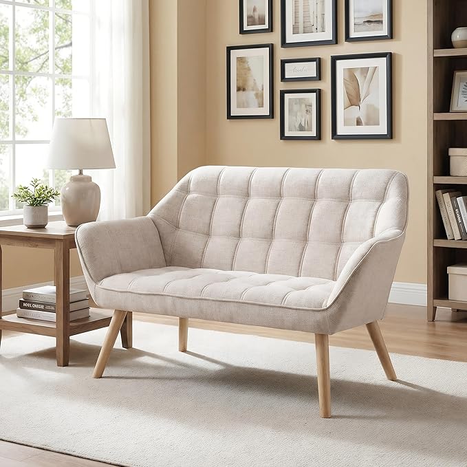 48”Small Loveseat Sofa Modern Linen Upholstered Mini Couch 2-Seater Fluffy Love Seat with Quilting Backs and Wood Legs for Small Space Living Room Bedroom Beige