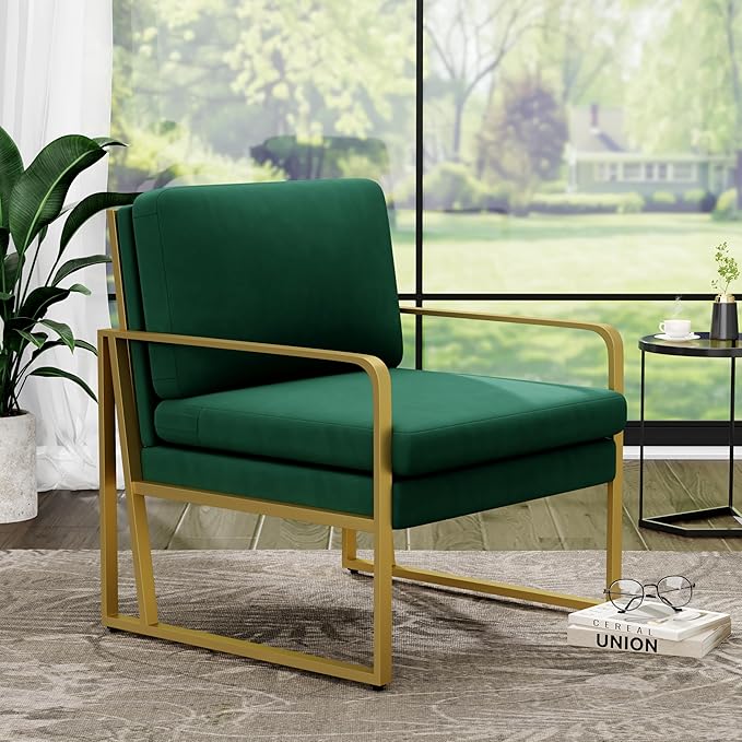 ALISH Accent Chairs Upholstered Armchair Modern Living Room Chairs Linen Arm Chair Side Sofa Chairs Reading Chairs with Metal Legs for Bedroom Living Room (Green Set of 1)