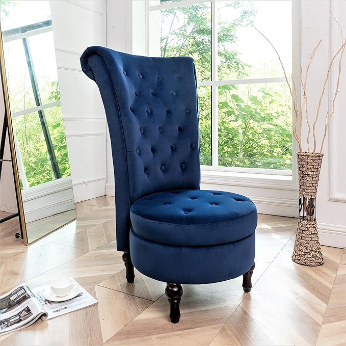 Royal High-Back Velvet Accent Chair for Vanity with Storage and Luxurious Upholstery Retro Design and Versatile Usage for Living Room Bedroom Lounge and Office Dark Blue