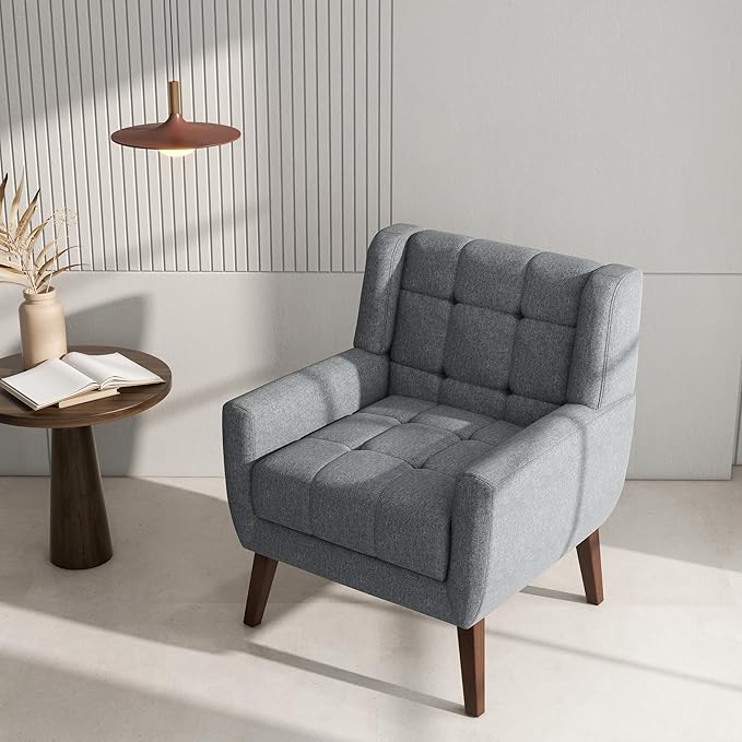 Accent Chair Comfy Mid Century Modern Small Armchairs with Solid Wood Frame and Soft Cushion for Living Room Bedroom (Fabric Grey Set of 2)