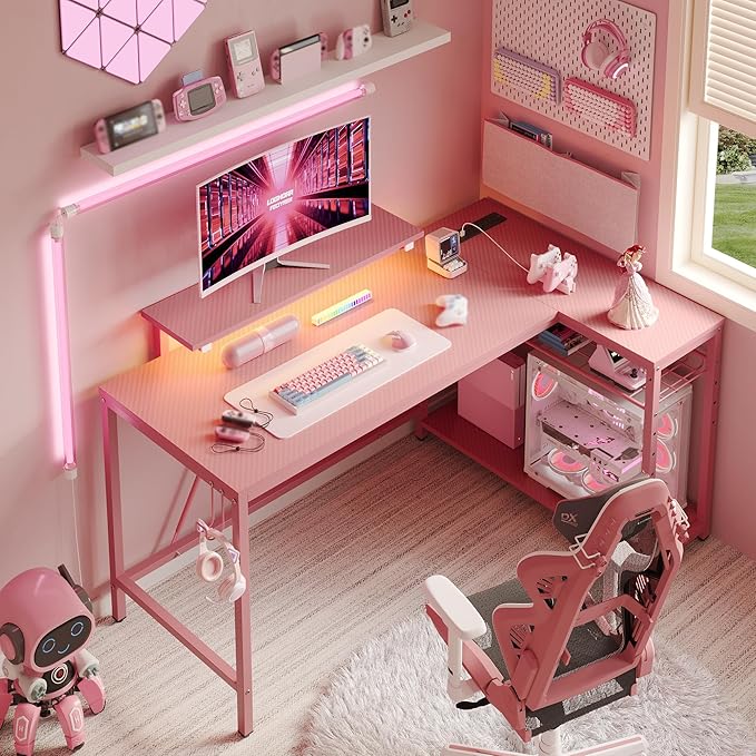 Bestier 52 Gaming Desk with Integrated Power Outlet &amp USB Ports L-Shaped Computer Desk with LED Strip &amp Headphone Hooks Perfect for Home Office Pink