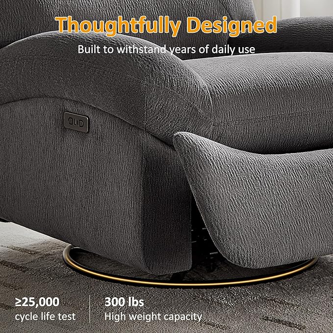 VANOMi Power Recliner Chair with USB &amp Type-C Charging 270° Swivel Glider Rocker Electric Nursery Recliner for Living Room Bedroom Office Dark Gray