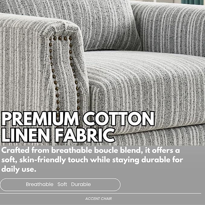 Stripes Accent Chair Modern Upholstered Boucle Fabric Armchair Single Sofa with Wood Legs for Living Room Patio Grey Stripes.