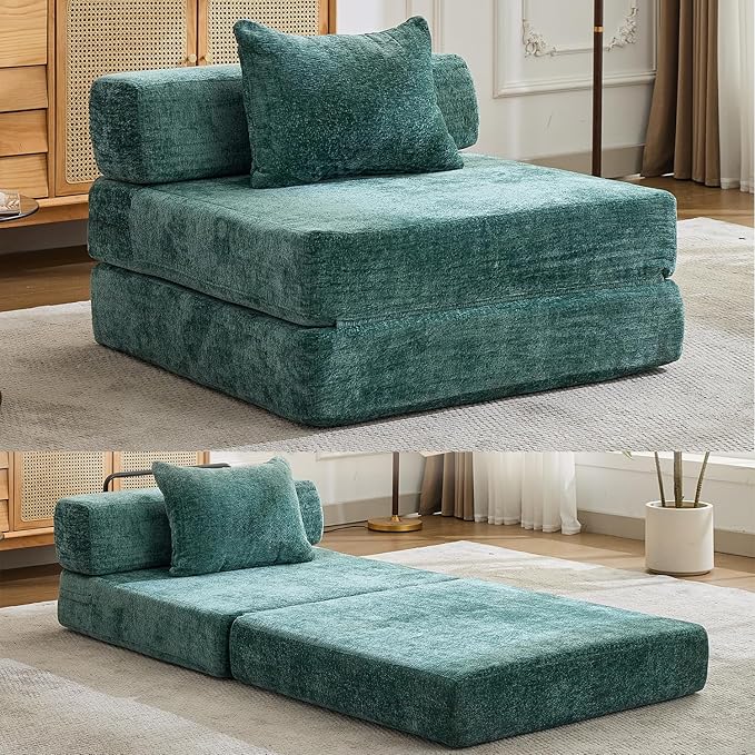 Folding Sofa Bed Convertible Floor Sleeper Chair Comfy Futon Floor Couch 2 in 1 Pull Out Single Boneless Sofa for Living Room Bedroom No Assembly (Chenille Dark Green)