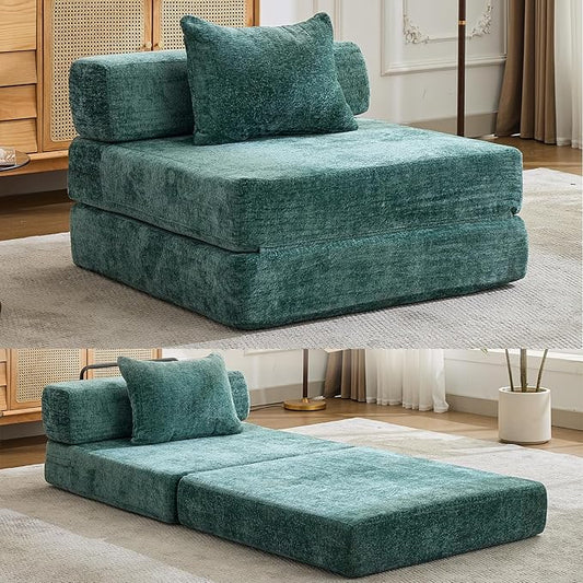 Folding Sofa Bed Convertible Floor Sleeper Chair Comfy Futon Floor Couch 2 in 1 Pull Out Single Boneless Sofa for Living Room Bedroom No Assembly (Chenille Dark Green)