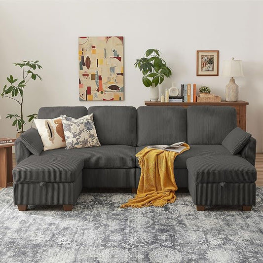 4-Seater U Shaped Sofa with 2 Storage Ottomans Comfortable Corduroy Fabric Convertible Sectional Couch with 2 Pillows Modern Couches for Living Room (Dark Grey)
