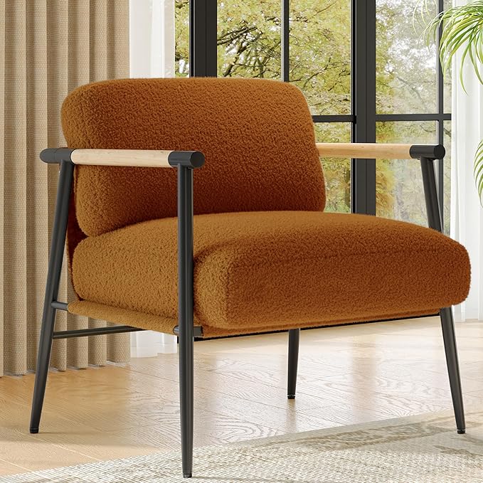 GarveeHome Comfy Chair Modern Accent Chair with Metal Frame Cozy Reading Chair with Soft Cushion &amp Wood Armrest for Bedroom Living Room Brown