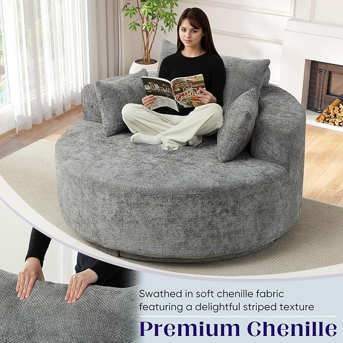 Oversized Round Swivel Chaise Longue Chair Indoor Modern 55-inch 360 Degree Swivel Upholstered Waffle Chenille Deep Seat Circle Single Cloud Sofa Chair for Living Room Bedroom Apartment Office Grey