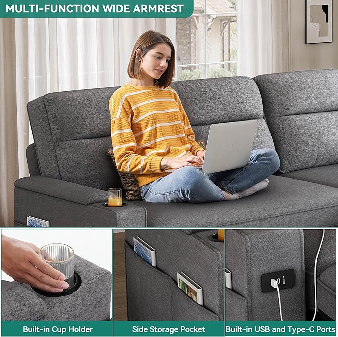 YITAHOME Convertible Sleeper Sofa with Adjustable Backrest &amp Pull Out Bed L-Shaped Sectional Sofa Bed with Armrest &amp USB Port Upholstered Sectional Couch for Living Room No-Tool Assembly G