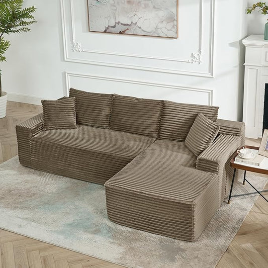 L-Shaped Cloud Sectional Couch Right Facing Modular Compressed Boneless Sectional Sofa with Chaise Lounge Plush Corduroy Boneless Corner Sofa for Living Room