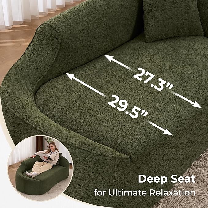 68 Curved Loveseat Sofa Modern Chenille Floor Couch with Pillow No Assembly Deep Seat Chaise Lounge for Bedroom Apartment Living Room Green