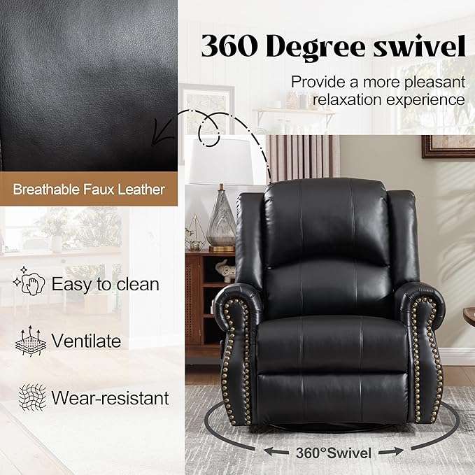 Leather Manual 360° Swivel Rocker Recliner for Adults Gulider Reclining Chair for Living Room with Vibration Massage and Lumbar Heat Side Pockets Faux Leather Black