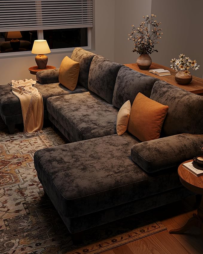 U-Shaped Sectional Couches for Living Room | 112 Inch Modern Sectional Couch | Dark Grey Chenille Sofa with Double Chaise for Apartment