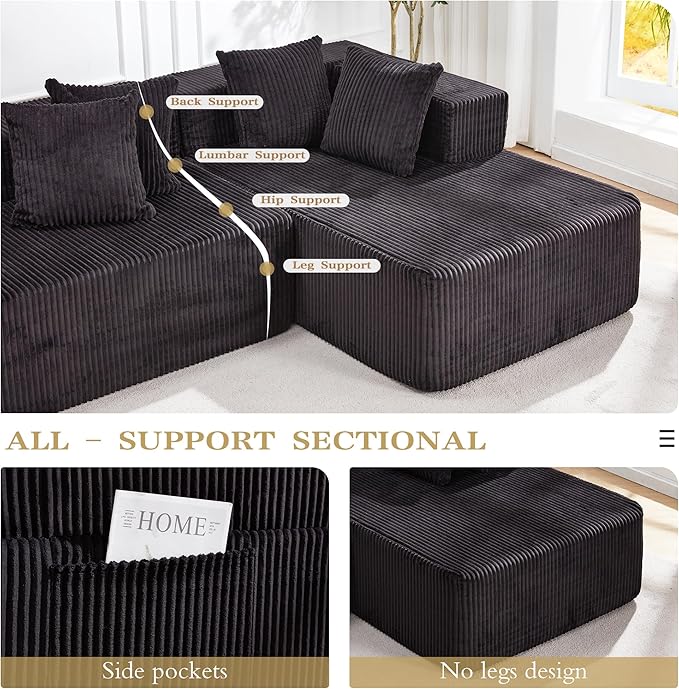 HOMREST 131 Boneless Memory Foam Sofa with Chaise Lounge Comfy Corduroy Deep Seat Modular Sectional Couch Large U-Shaped Floor Sofa for Living Room &amp Apartment No Assembly Required Black