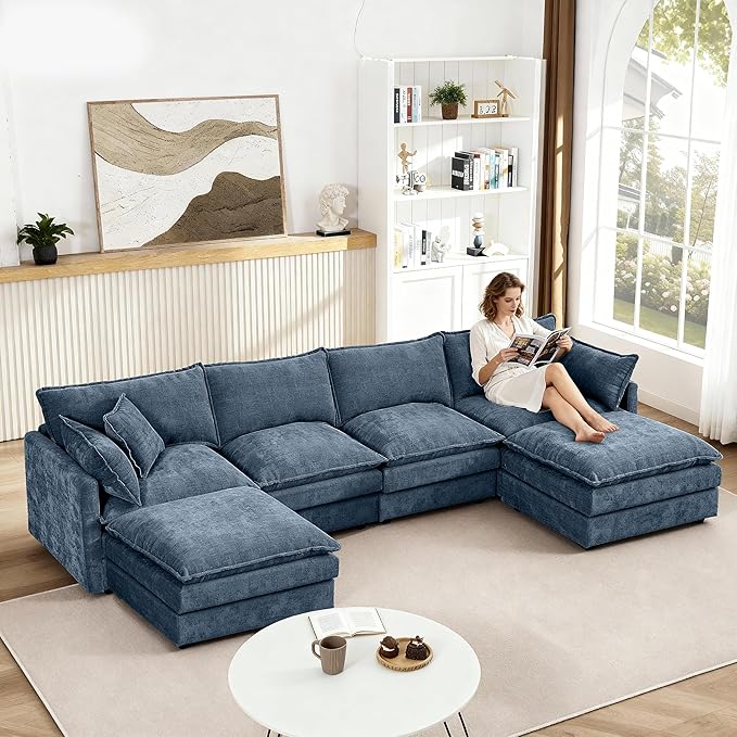130.7 U Shaped Modular Sectional Sofa Comfy Upholstery Chenille Cloud Couch with Ottoman Modern 6-Seat Deep Seat Sofa with Pillow for Living Room Bedroom Apartment Navy Blue