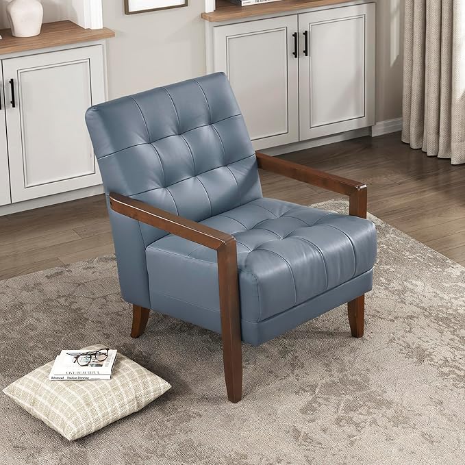 Lexicon Modern Accent Chair Luxury Genuine Leather Match Living Room Chair with Tufted Cushions Solid Wood Frame and Arm Rest Comfy Upholstered Single Seat for Bedroom/Reading/Office Blue