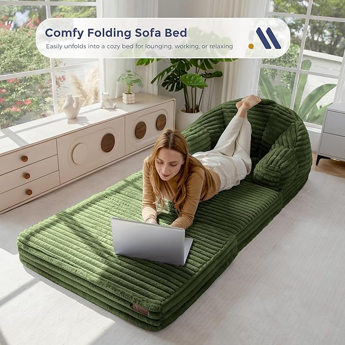 MAXYOYO Folding Sofa Bed 2 in 1 Convertible Sofa to Lounger Comfy Faux Fur Bean Bag Chair for Adults Floor Single Sleeper Couch Chair with Handle Couch Bed for Living Room Bedroom Dark Green