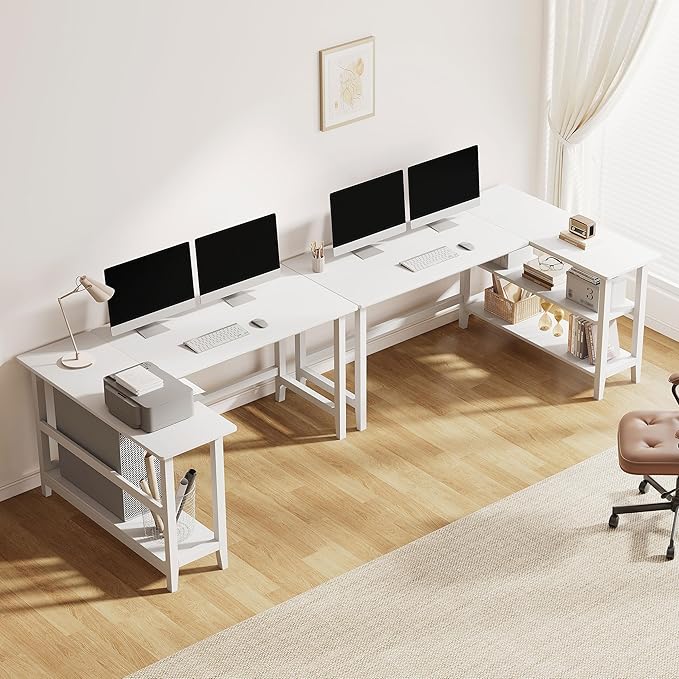 IOTXY Reversible L-Shaped Office Desk - 53 Modern Corner Computer Table with Storage Shelves Solid Wood Legs Home Writing &amp Study Workstation White