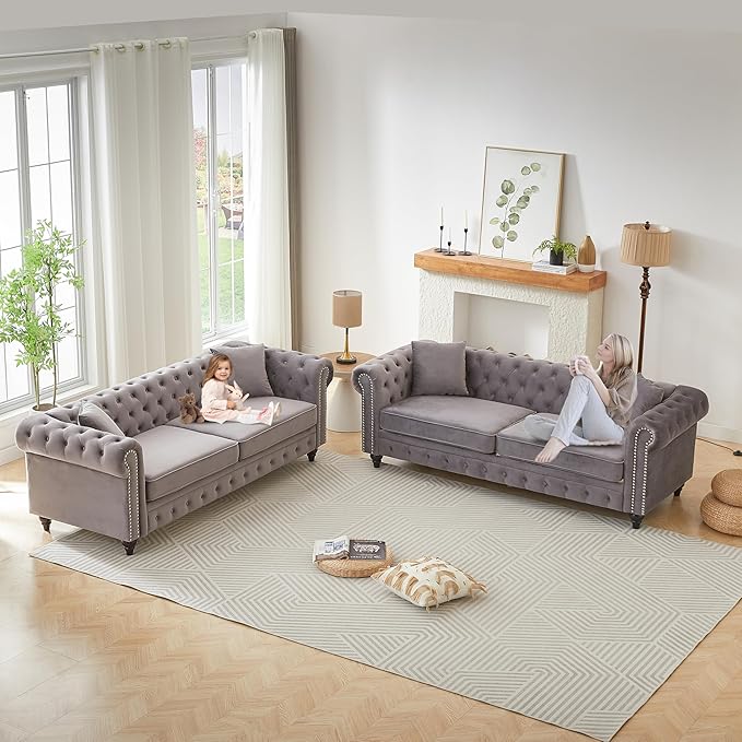 63.5 Velvet Oversize Chesterfield Grey Loveseat Sofa Rolled Arms Modern Sofa with Button Design and 2 Cushions for Living Room (Grey 63.5 Loveseat Sofa)