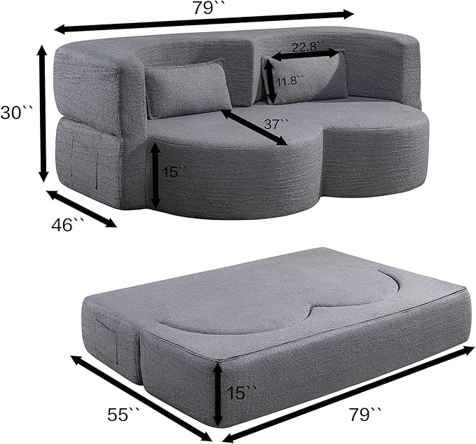 Convertible Folding Sofa Bed79”Full Size Floor Sleeper Boneless CouchTeddy Velvet Full Foam Futon Loveseat for Living Room BedroomNo Assembly Required (Grey)