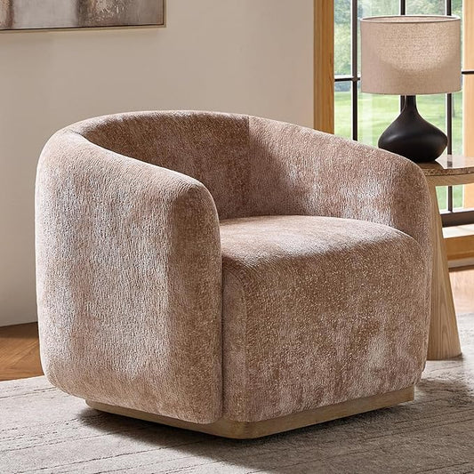 HULALA HOME Swivel Accent Chair with Solid Wood Base Chenille Curved Swivel Barrel Chair Modern Club Armchair Upholstered Single Sofa for Living Room No Assembly Required Sand